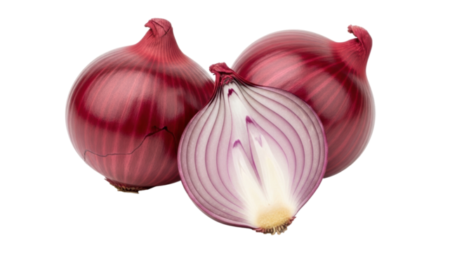 Isolated Still life of red onions, two whole and one sliced, fresh vegetable food