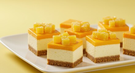 Delicious Mango Cheesecake Dessert Squares with Yellow Background and Tasty Toppings