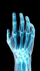 Medical hand x ray showing detailed bone structure and anatomy with transparent effect on black background, highlighting skeletal system for healthcare and diagnostic purposes