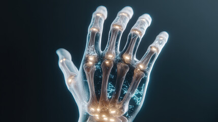 Detailed X ray of human hand joint with cinematic lighting, transparent skin, visible bone structure, glowing effect, futuristic medical concept