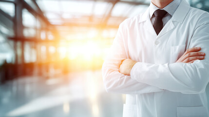 Fototapeta premium Medical professional in white coat standing confidently with arms crossed in modern hospital with sunlight streaming through large windows, expressing trust and expertise