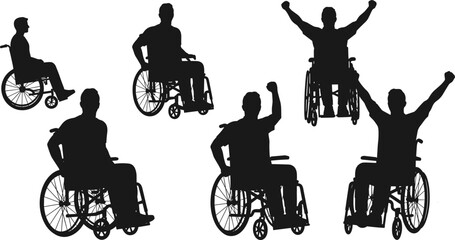 Silhouettes of men in wheelchairs showing various dynamic and victorious poses, disability empowerment, adaptive mobility, confidence, strength, inclusive wheelchair users.