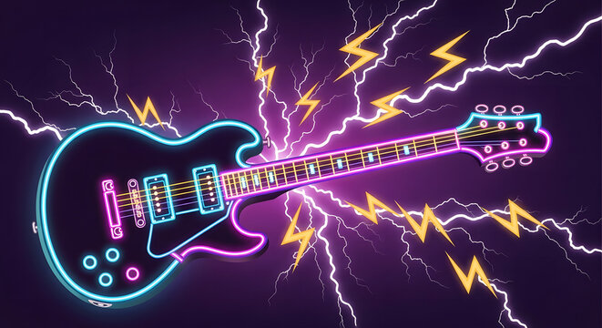 neon electric guitar lightning rock music design - Powered by Adobe
