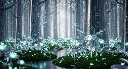 Futuristic forest with glowing flowers and digital circuit trees creating a serene, magical scene