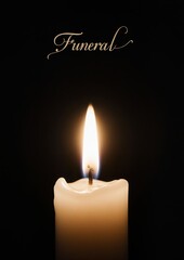 Funeral flyer with glowing candle on dark background in solemn tribute style