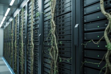 A server room with vines growing on the servers, symbolizing the integration of nature and technology in a sustainable data center