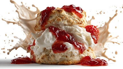 Close up of a scone with cream and strawberry jam with a splash of milk on a white background