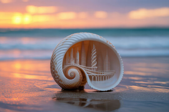 A seashell holds a city skyline, blending nature and architecture in a surreal coastal dream, where the ocean meets urban imagination