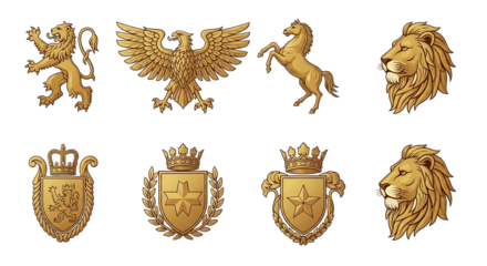 Majestic golden emblems evoking power and royalty featuring a lion eagle horse and crowned on transparent background