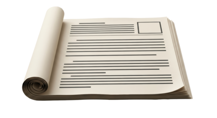 Isolated stack of papers with black lines and rolled section, mock up paper document form