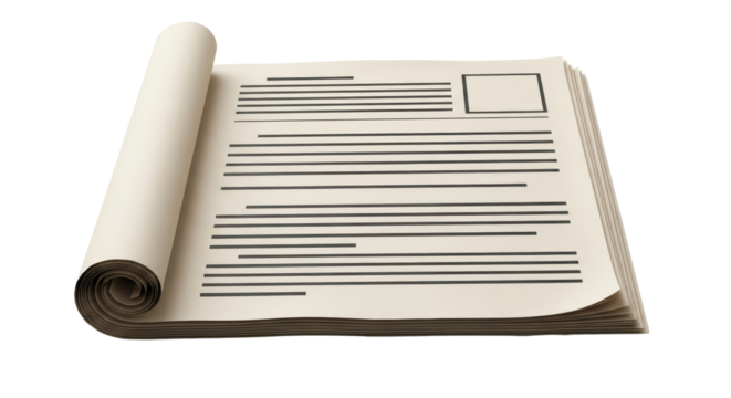 Isolated stack of papers with black lines and rolled section, mock up paper document form