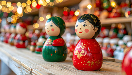 Fototapeta premium Smiling Hand-Painted Wooden Dolls on a Rustic Shelf with Golden Bokeh Lights