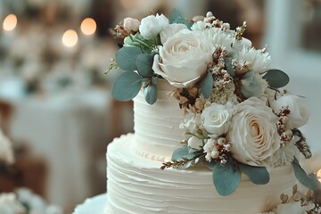 A beautifully decorated wedding cake adorned with white roses and greenery, set against a blurred background.