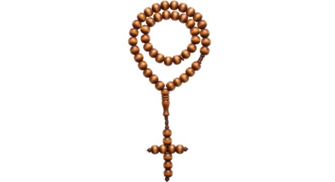 Isolated brown wooden rosary with small beads and cross, symbol of faith, religion, and prayer