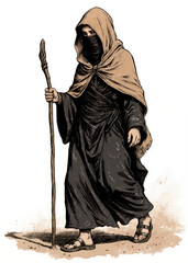 Fantasy RPG character illustration of a robed femalefigure in dark tan cloak oer black wraps, face partl covered, old school tableop roleplaying artwork