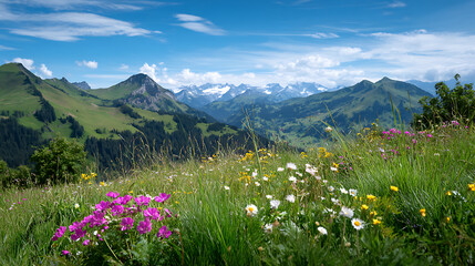 Fototapeta premium Alpine meadow with flowers and mountain range in the background, perfect for nature, landscape, and scenic outdoor imagery.