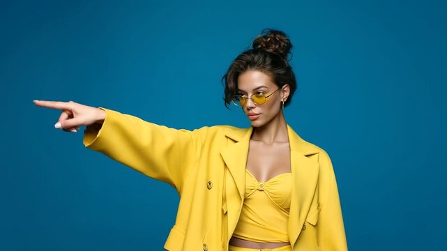 Trendy young woman in bright outfit pointing down at copy space, playful mood, perfect for fashion or social media ads. fashion promo, pointing at text, copy space model, lifestyle
