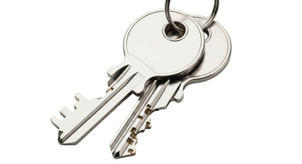 Isolated pair of metallic door or lock keys on a split ring, access or home security device