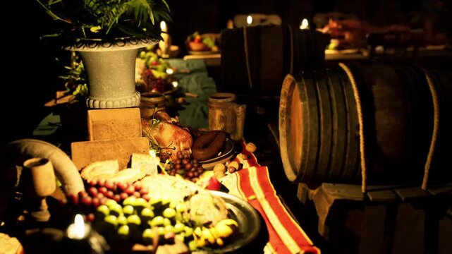 The table is adorned with an array of foods and drinks, showcasing various meats, cheeses, fruits, and decorative elements, creating a warm and inviting atmosphere for a festive celebration.