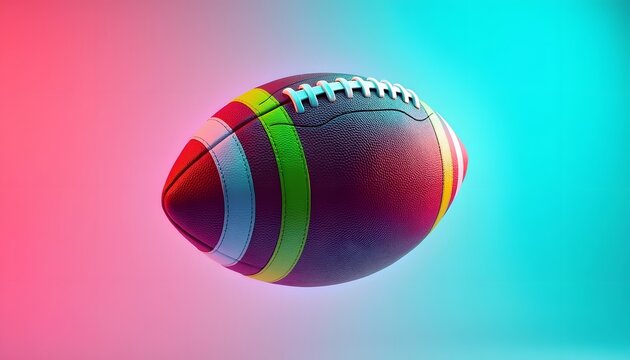 Closeup of a textured american football with colorful stripes, floating against a vibrant pink and teal gradient background