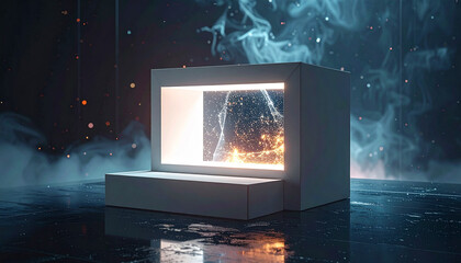 High-resolution image of a minimalist white cardboard box with a geometric cut-out window displaying a glowing holographic data visualization on a dark reflective surface with dramatic