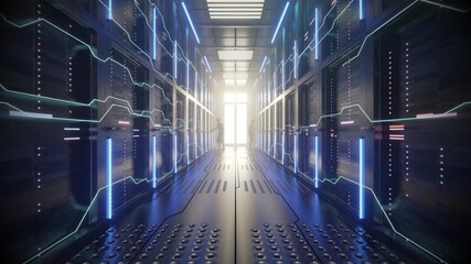 The camera slowly moves across the server room, revealing bright data lines that stretch from wall to wall and between rows of server blocks. 3D Render Animation. - Powered by Adobe