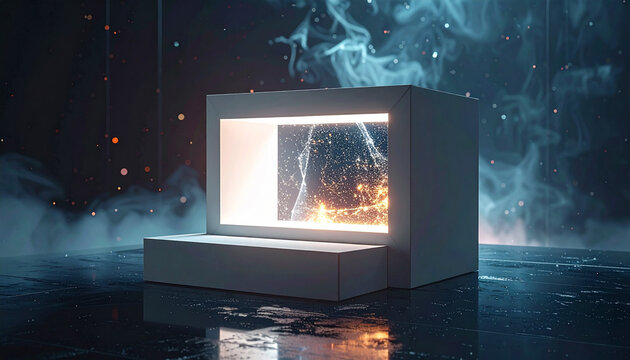 High-resolution image of a minimalist white cardboard box with a geometric cut-out window displaying a glowing holographic data visualization on a dark reflective surface with dramatic - Powered by Adobe