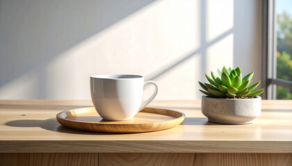 Photorealistic mockup of a pristine white ceramic coffee cup on a wooden tray next to a small potted succulent plant on a light wood table by a sunny window.