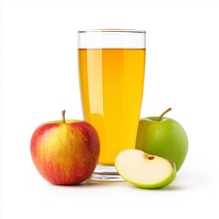 Clean Glass of Apple Juice with Fresh Green Red Apple Minimal Photography, Golden Apple Juice Glass with Crisp Slice White Background Hyper Realistic