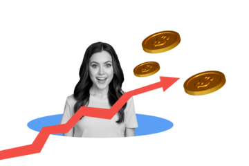 Creative collage picture young cheerful amazed girl dynamic arrow money income increase profit progress trading success