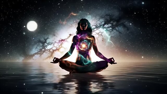 Meditating Woman Silhouette in Lotus Pose Over Water with Starry Galaxy Background and Cosmic Energy Emission Artwork