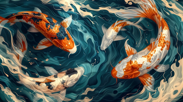 Koi fish swimming in entangled fractal waves, Japanese art style