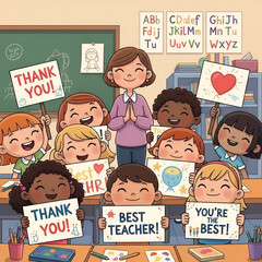 Heartwarming Cartoon Illustration of Students Holding Thank You Signs for Teacher in Classroom