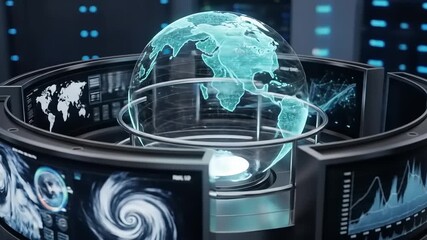 A futuristic data visualization center displaying a holographic globe with global maps and analytics - Powered by Adobe