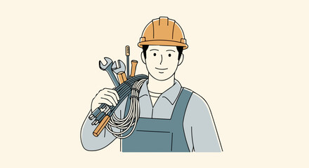 Cartoon worker illustration showing construction worker with tools and wires on shoulder. Construction worker portrait depicts worker with positive attitude, conveying professionalism and expertise.