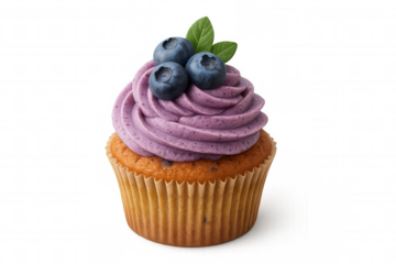 Blueberry cupcake with purple frosting and fresh blueberries, isolated on a transparent background