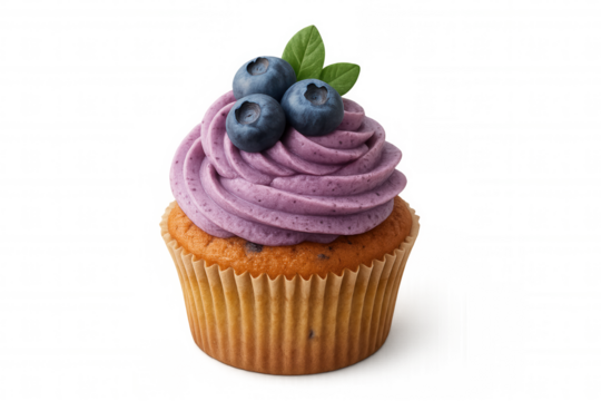 Blueberry cupcake with purple frosting and fresh blueberries, isolated on a transparent background