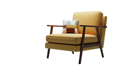 Fototapeta premium A cozy golden armchair beckons for relaxation featuring a modern patchwork pillow against a on transparent background