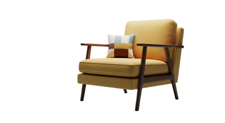 A cozy golden armchair beckons for relaxation featuring a modern patchwork pillow against a on transparent background