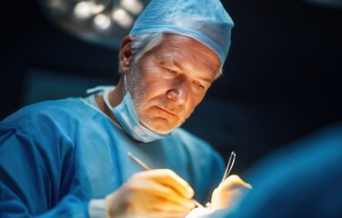 Skilled surgeon performing intricate operation in a well-lit operating room with focused precision and care