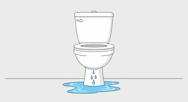 Leaking toilet with water damage on floor. Toilet malfunction shows dripping water and puddle. Plumbing emergency concept for repair service advertisement.