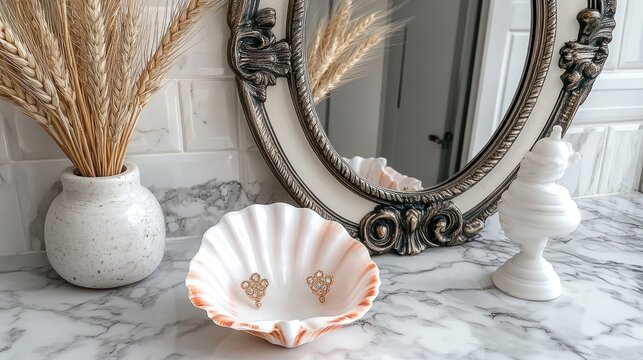 Pink shell dish, antique mirror, dried wheat