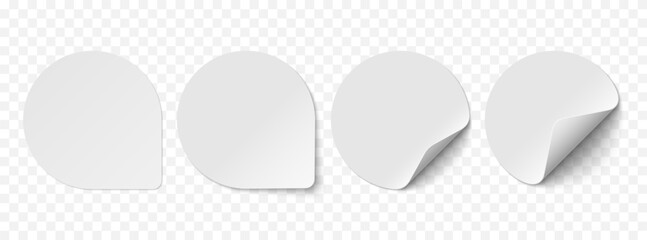 Vector set of white paper circle stickers isolated on transparent background. Realistic stickers curved with white corner and soft shadows.