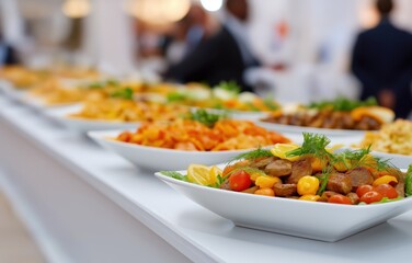 Elegant buffet presentation showcasing gourmet dishes at a professional event with attentive service for an upscale experience
