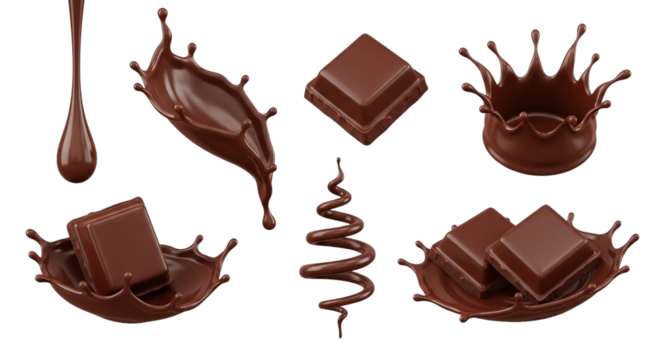 Indulge in the Rich Decadence A Symphony of Chocolate Splashes and Luscious Squares on a Black on transparent background