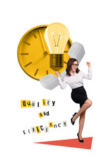 Vertical collage young businesswoman secretary telephone operator call center time deadline lightbulb lamp eureka quality efficiency
