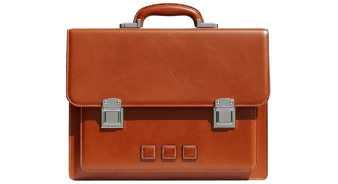 Isolated brown leather briefcase with metal buckles, vintage business man office bag