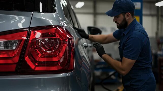 Man auto detailer meticulously buffing and polishing a gray car's side for a glossy finish in service garage footage.