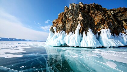 Frozen lake with a rocky cliff
