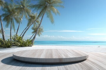 Fototapeta premium Wooden podium on a sandy beach with palm trees and ocean in the background